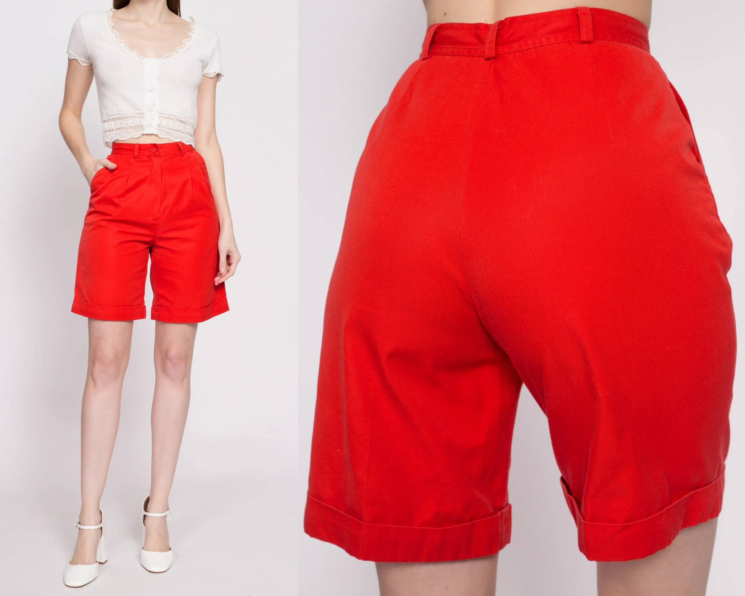 80s Red High Waisted Cuffed Shorts - Extra Small, 24"