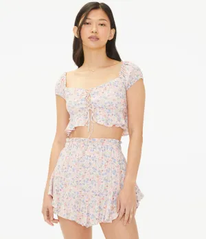 Aeropostale Womens' Floral Laced-Front Crop Top - Pink - Size M - Rayon - Teen Fashion & Clothing Clean Pink