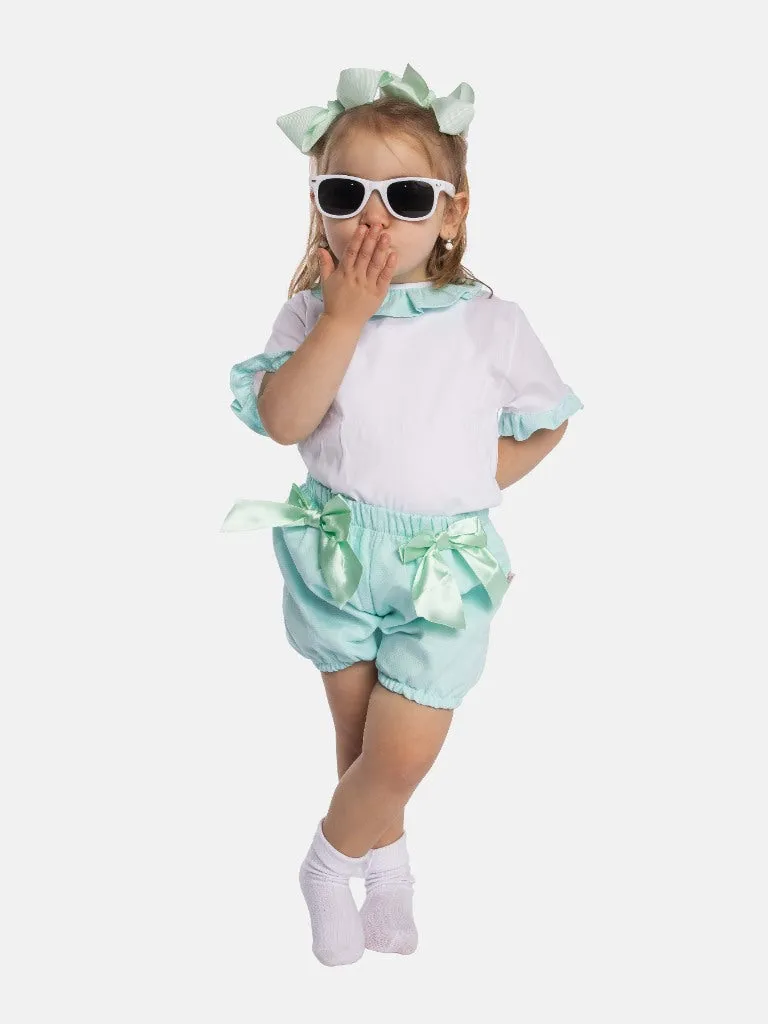 Baby Girl Tavira Collection Spanish Romper with 2 bows-Aqua Blue