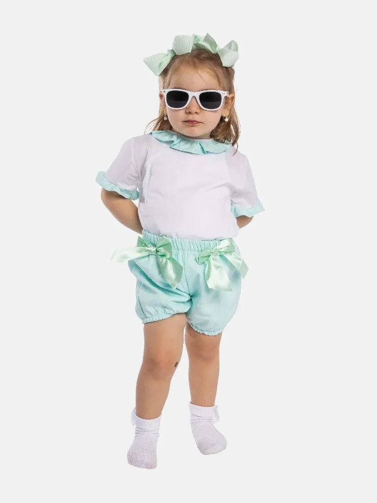 Baby Girl Tavira Collection Spanish Romper with 2 bows-Aqua Blue