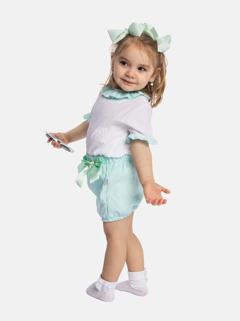 Baby Girl Tavira Collection Spanish Romper with 2 bows-Aqua Blue