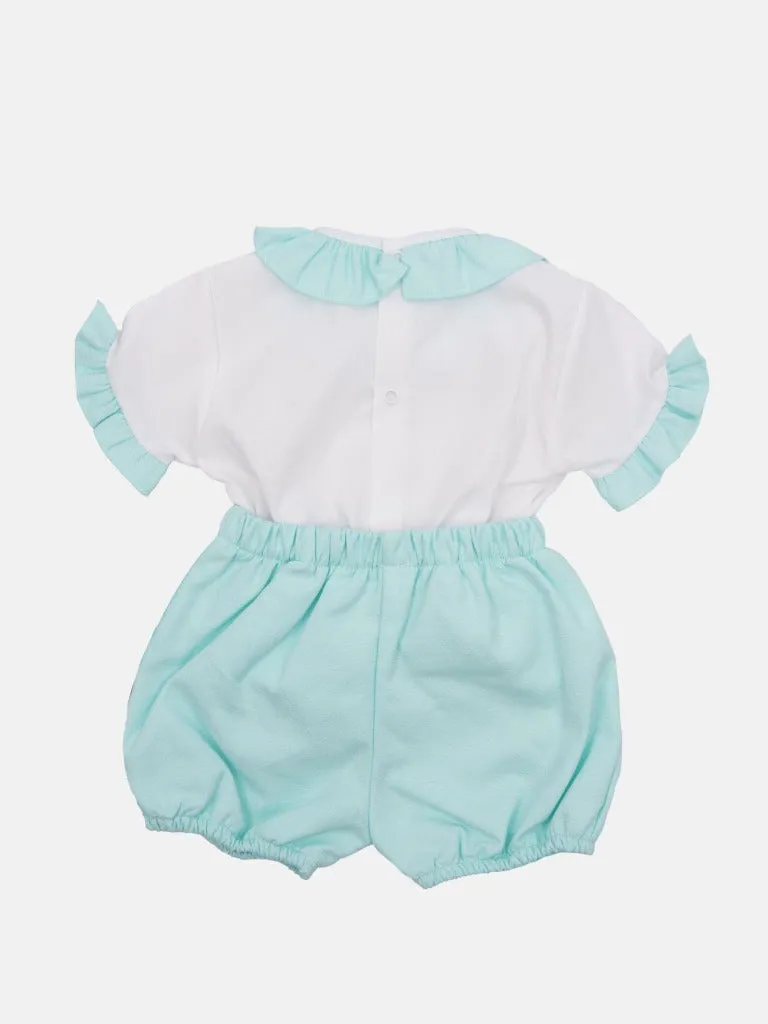 Baby Girl Tavira Collection Spanish Romper with 2 bows-Aqua Blue