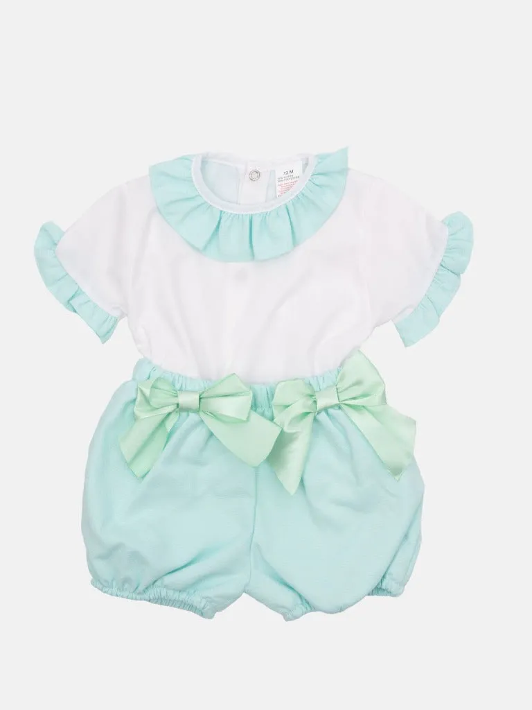 Baby Girl Tavira Collection Spanish Romper with 2 bows-Aqua Blue