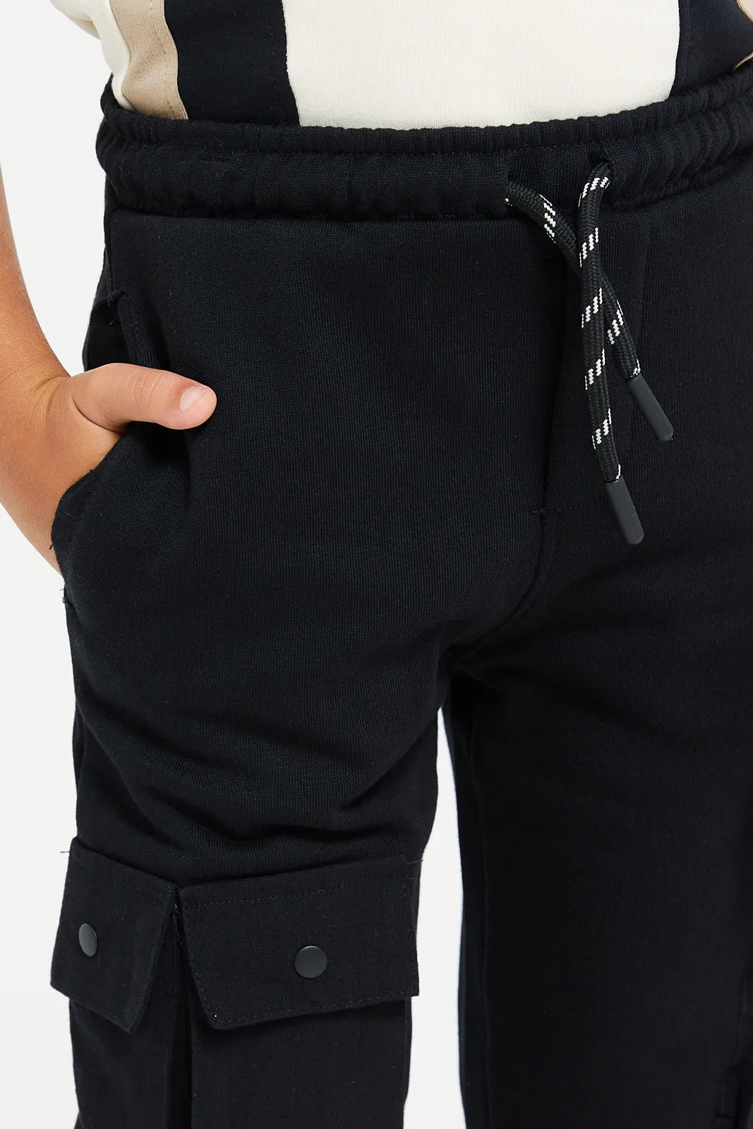 Boys Black Cargo Pocket Track Pants