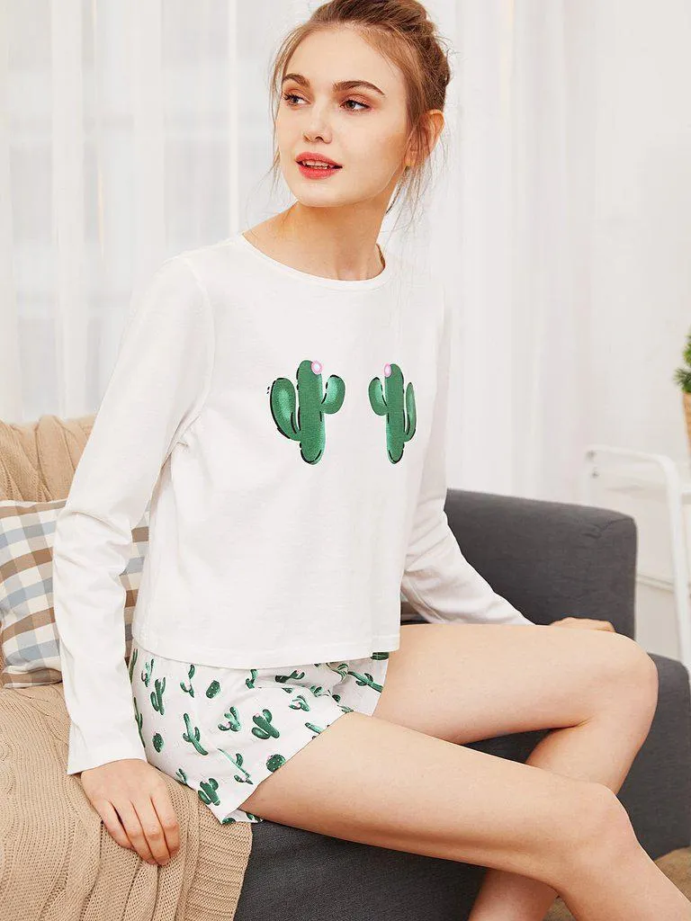 Cactus Print Tee And Shorts Pajama Set