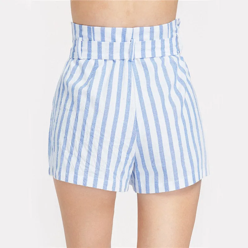 Casual Stripe Belted High Waist Summer Shorts