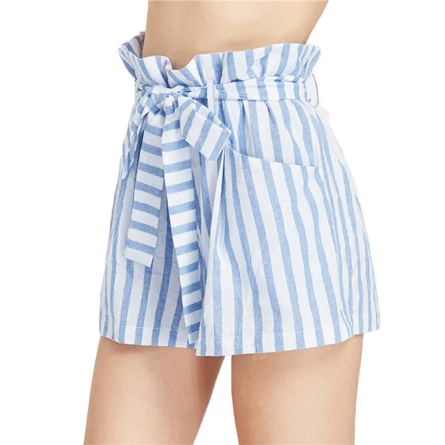 Casual Stripe Belted High Waist Summer Shorts