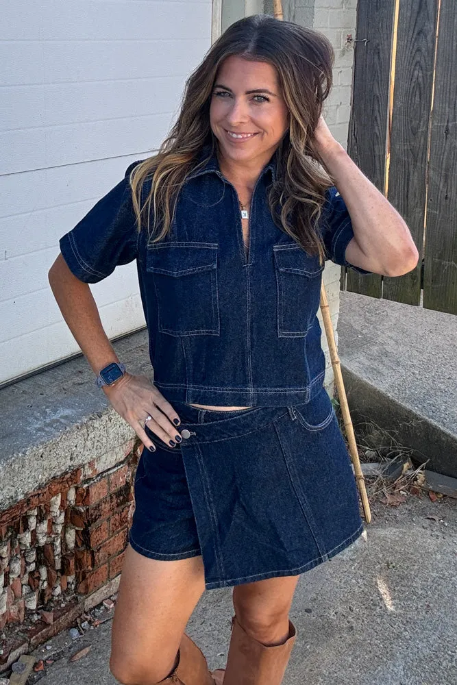 Cropped Denim Top and Skort Set-Dark Denim