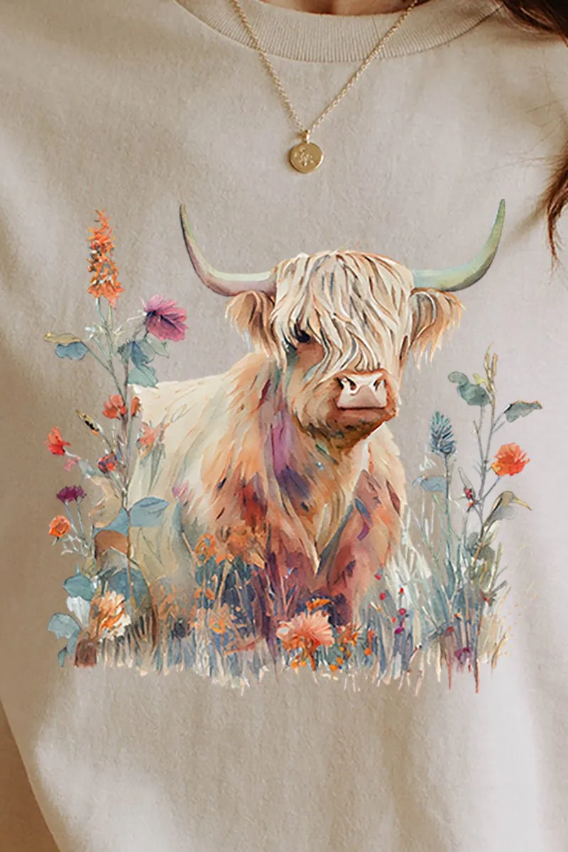 Floral Highland Cow Short Sleeve Relaxed Fit T-Shirt