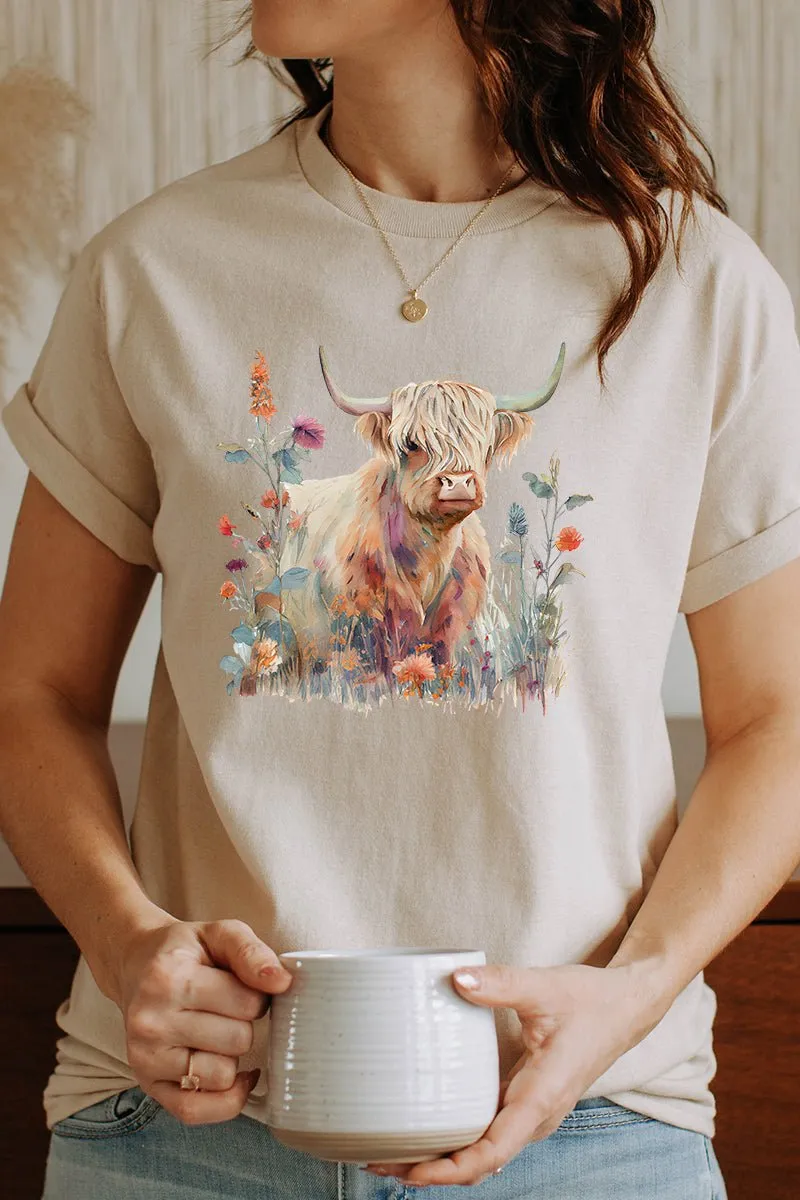 Floral Highland Cow Short Sleeve Relaxed Fit T-Shirt