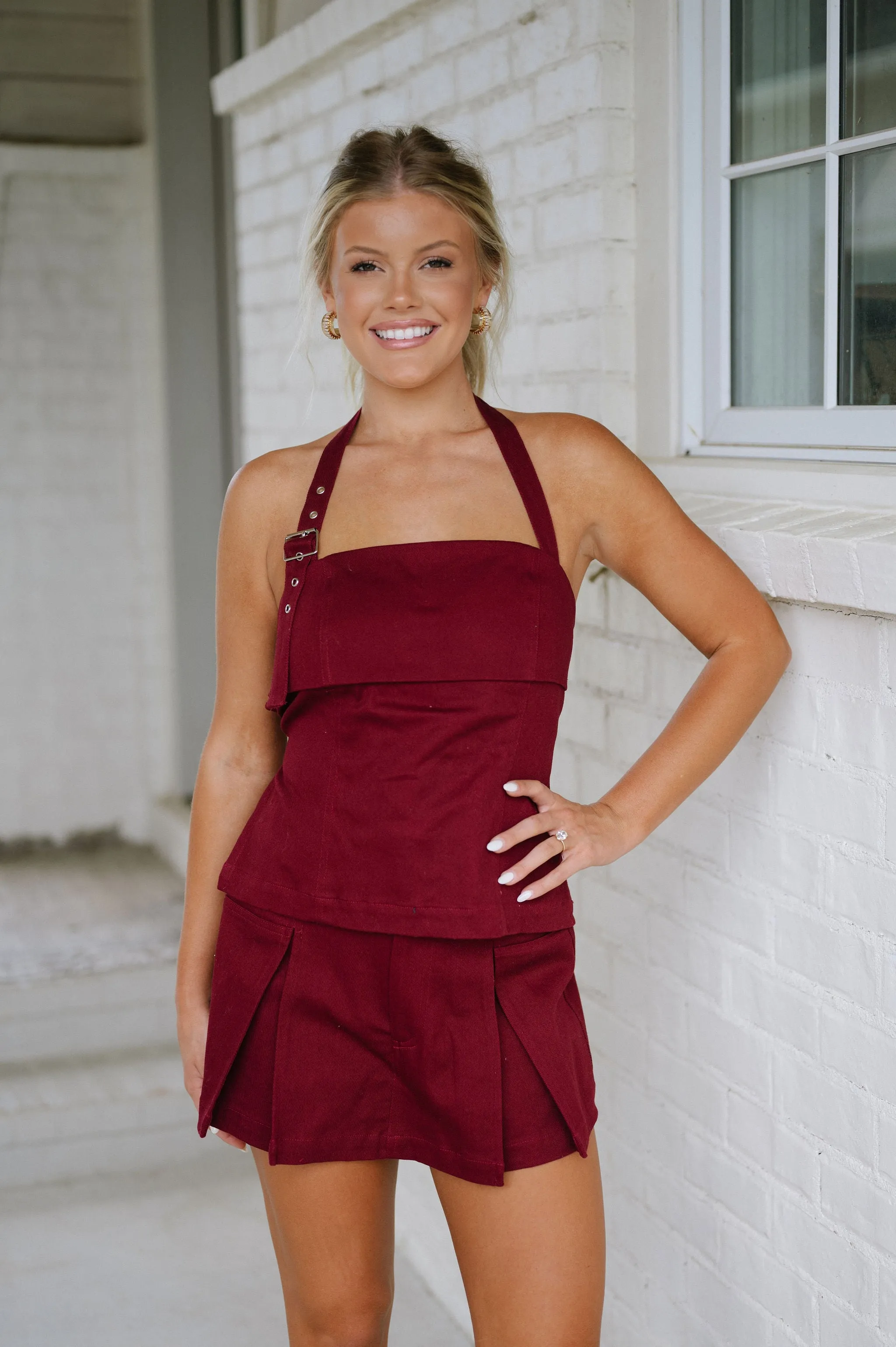 Harlow Square Neck Buckle Skort Set-Maroon