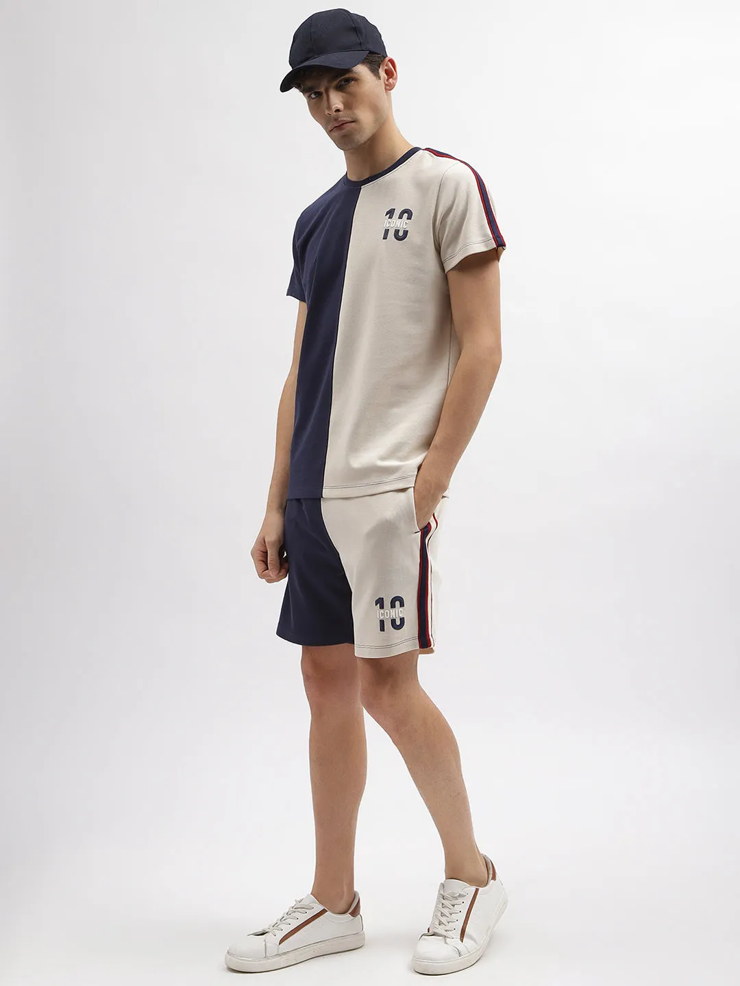 Iconic Men Navy Blue Colour blocked Regular Fit Mid-Rise Shorts