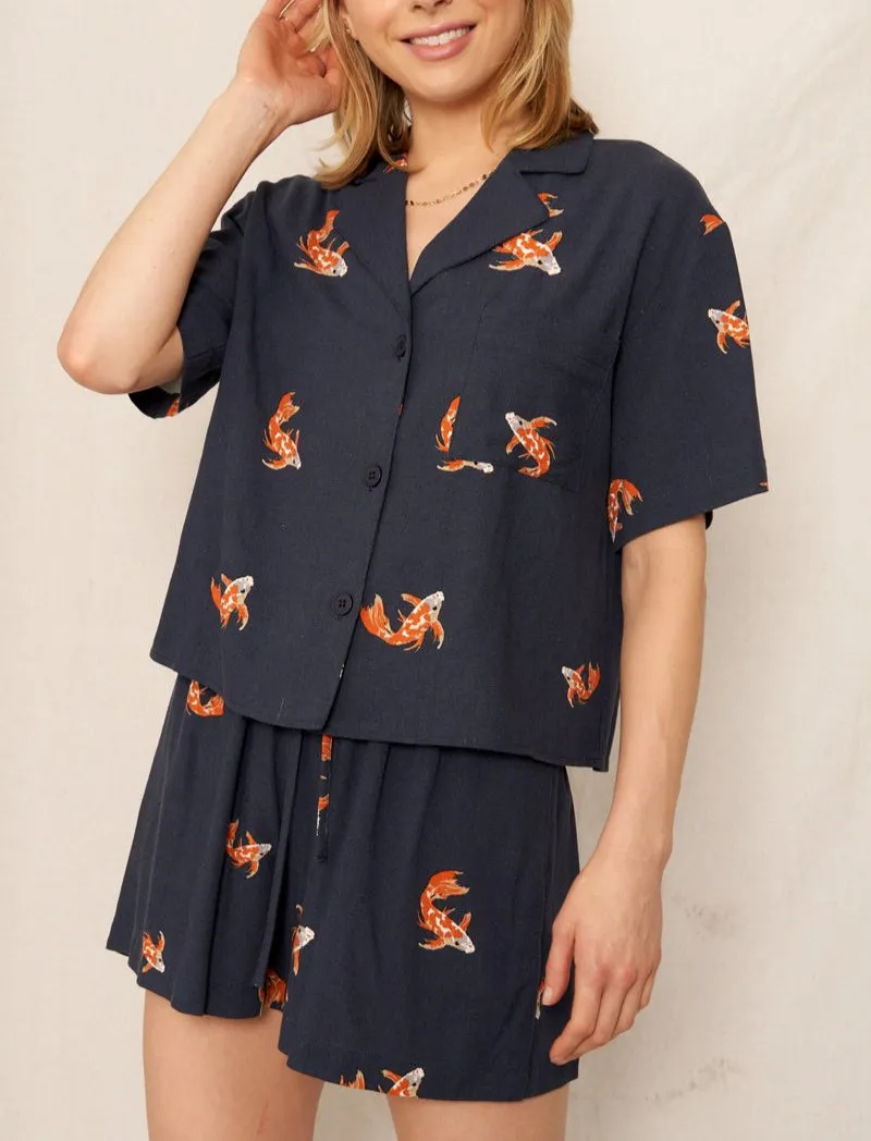 Koi Pond Short Sleeve & Shorts Set in Navy/Orange