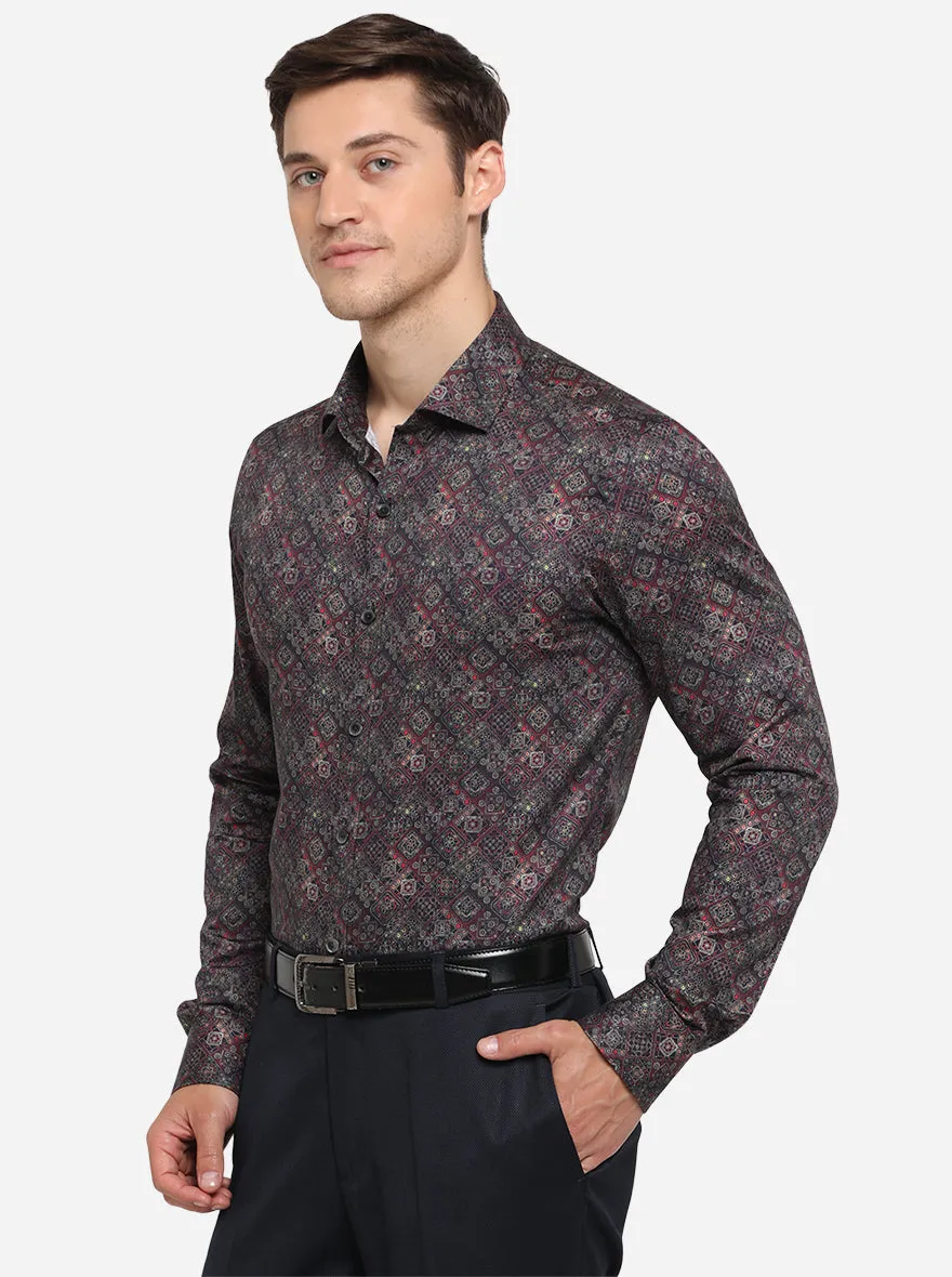 Maroon & Blue Printed Slim Fit Party Wear Shirt | Wyre