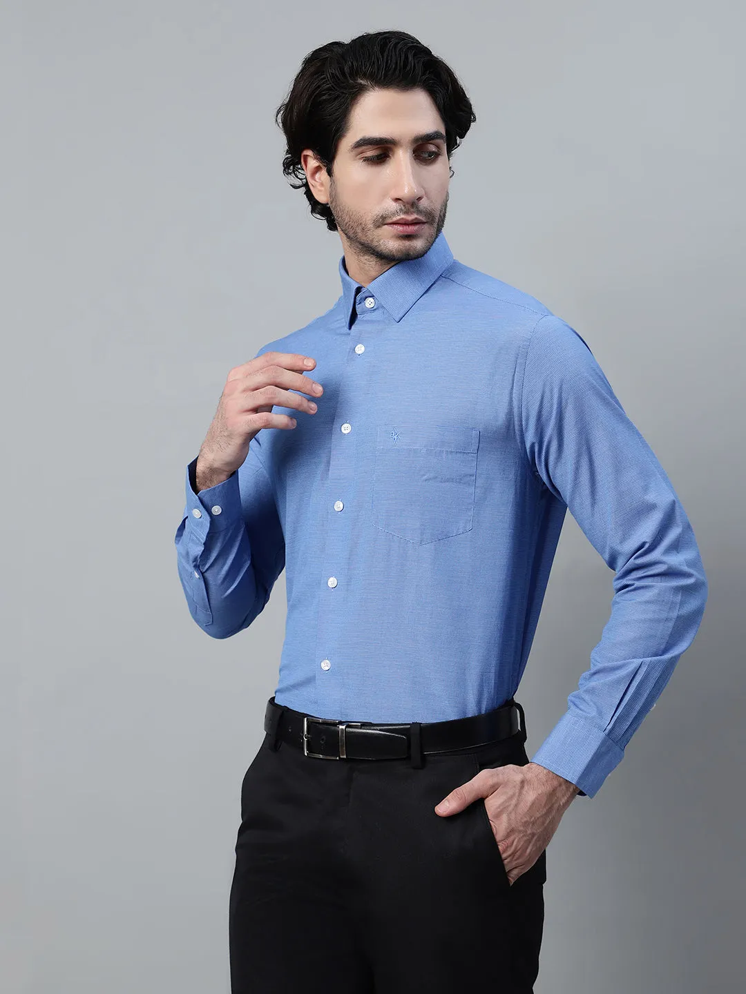 Men's Blue Micro Check Full Sleeve Formal Shirt