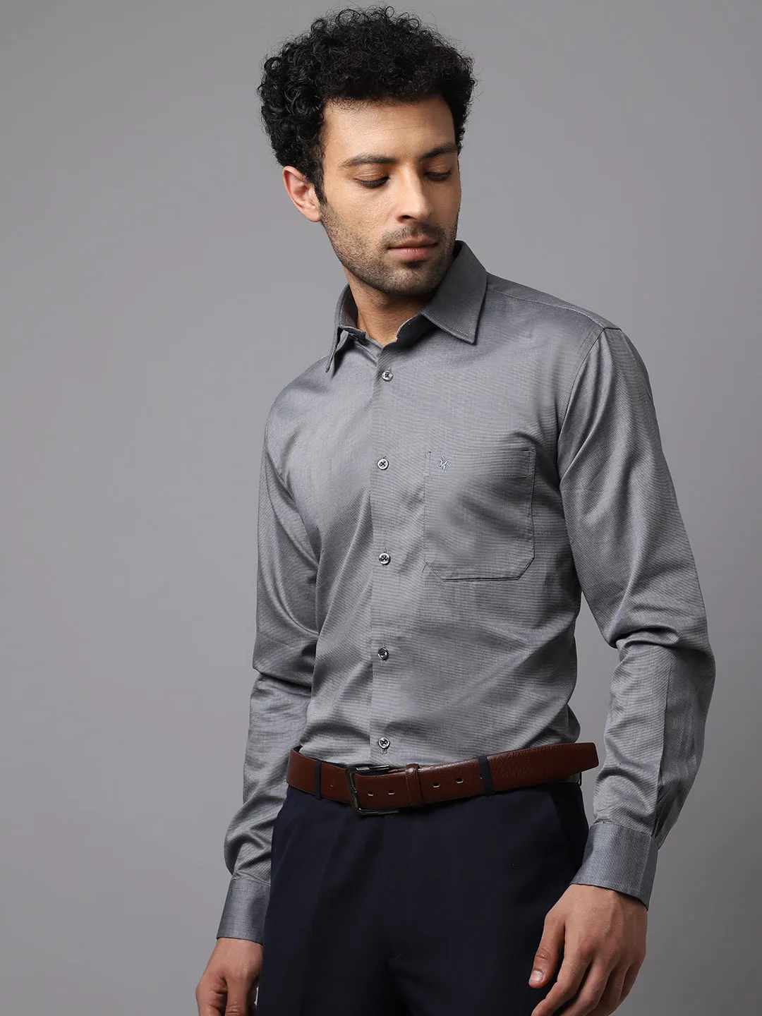 Men's Dark Grey Formal Fil a Fil Plain Full Sleeve Shirt