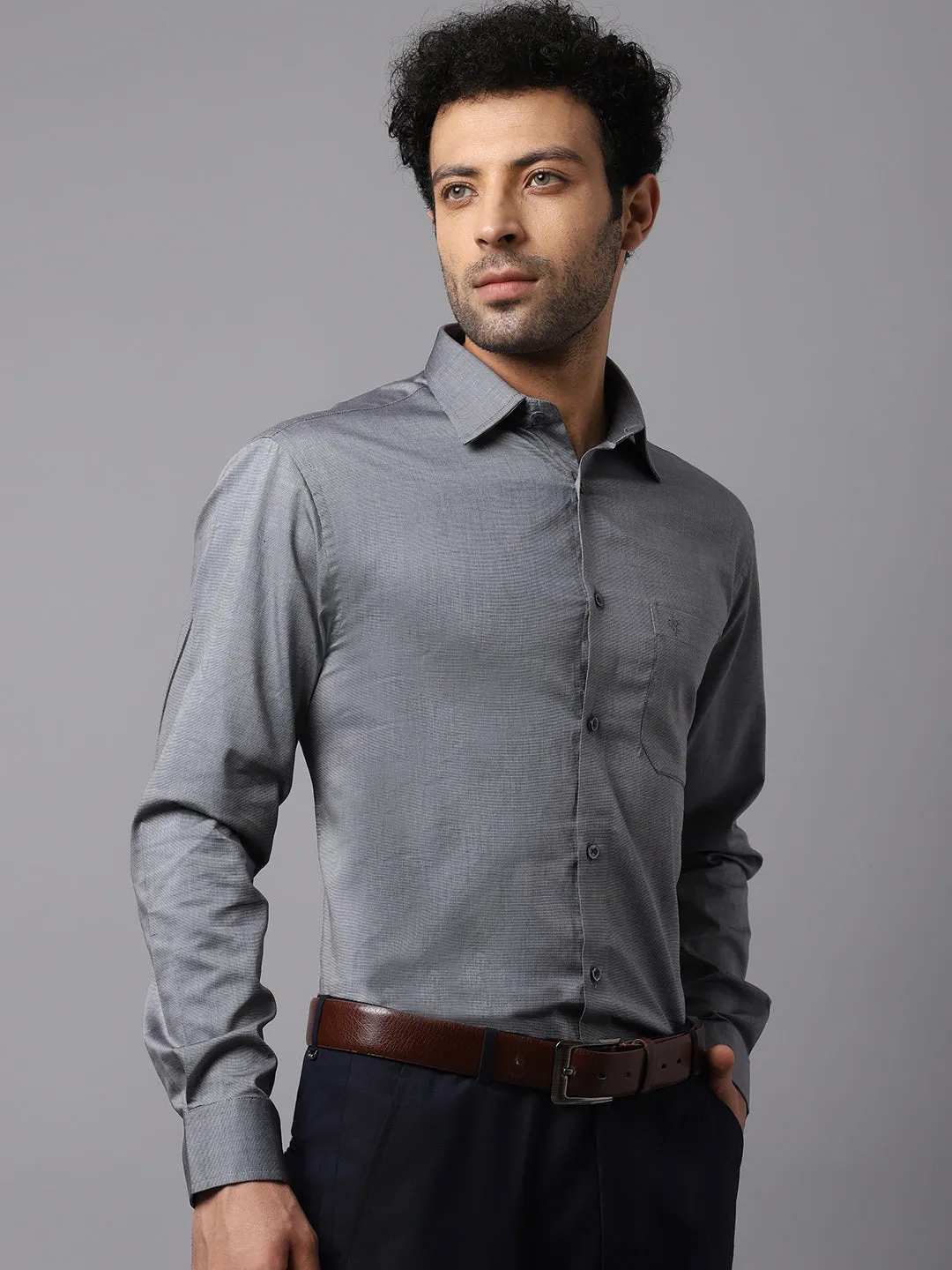 Men's Dark Grey Formal Fil a Fil Plain Full Sleeve Shirt