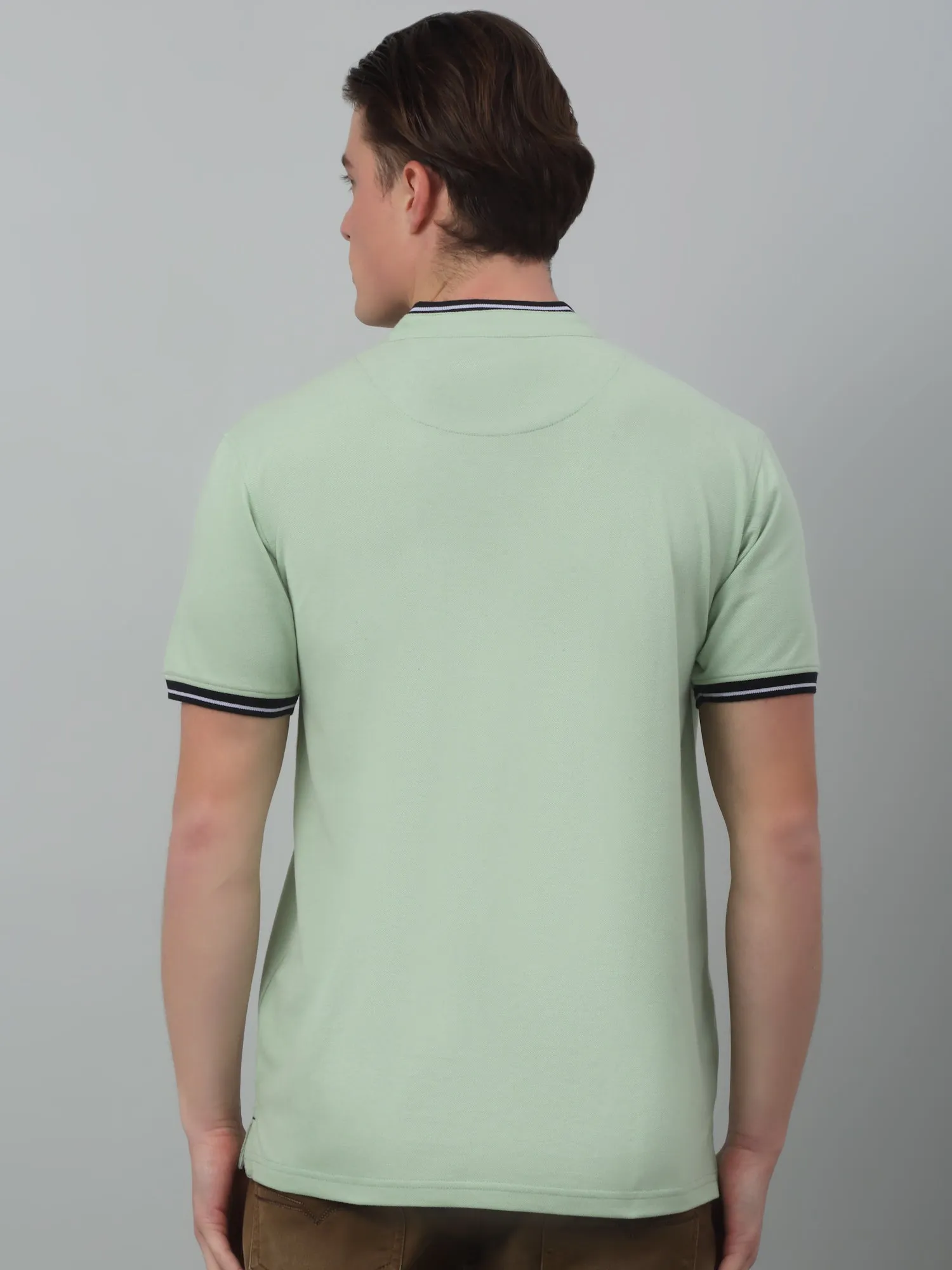 Men's Light Green Mandarin neck Half Sleeve T-Shirt