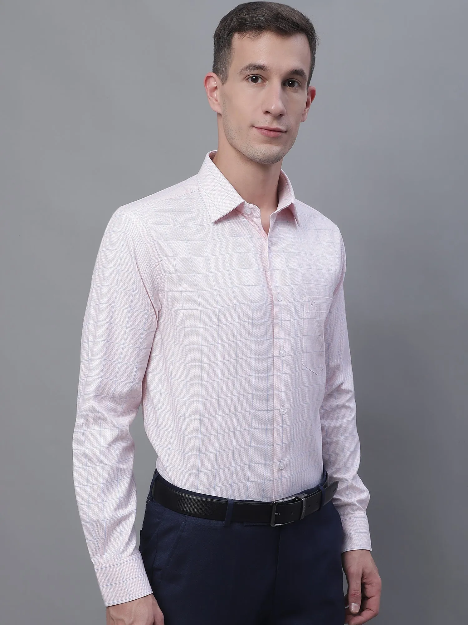 Men's Light Pink Formal Medium Checks Textured Full Sleeve Shirt