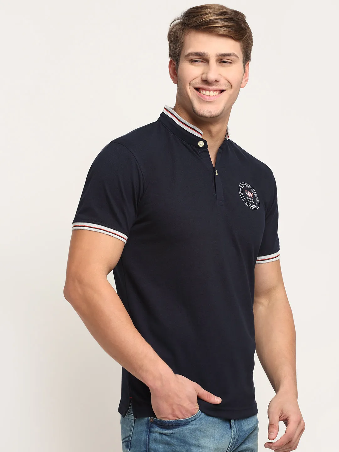 Men's Navy Blue Mandarin neck Half Sleeve T-Shirt