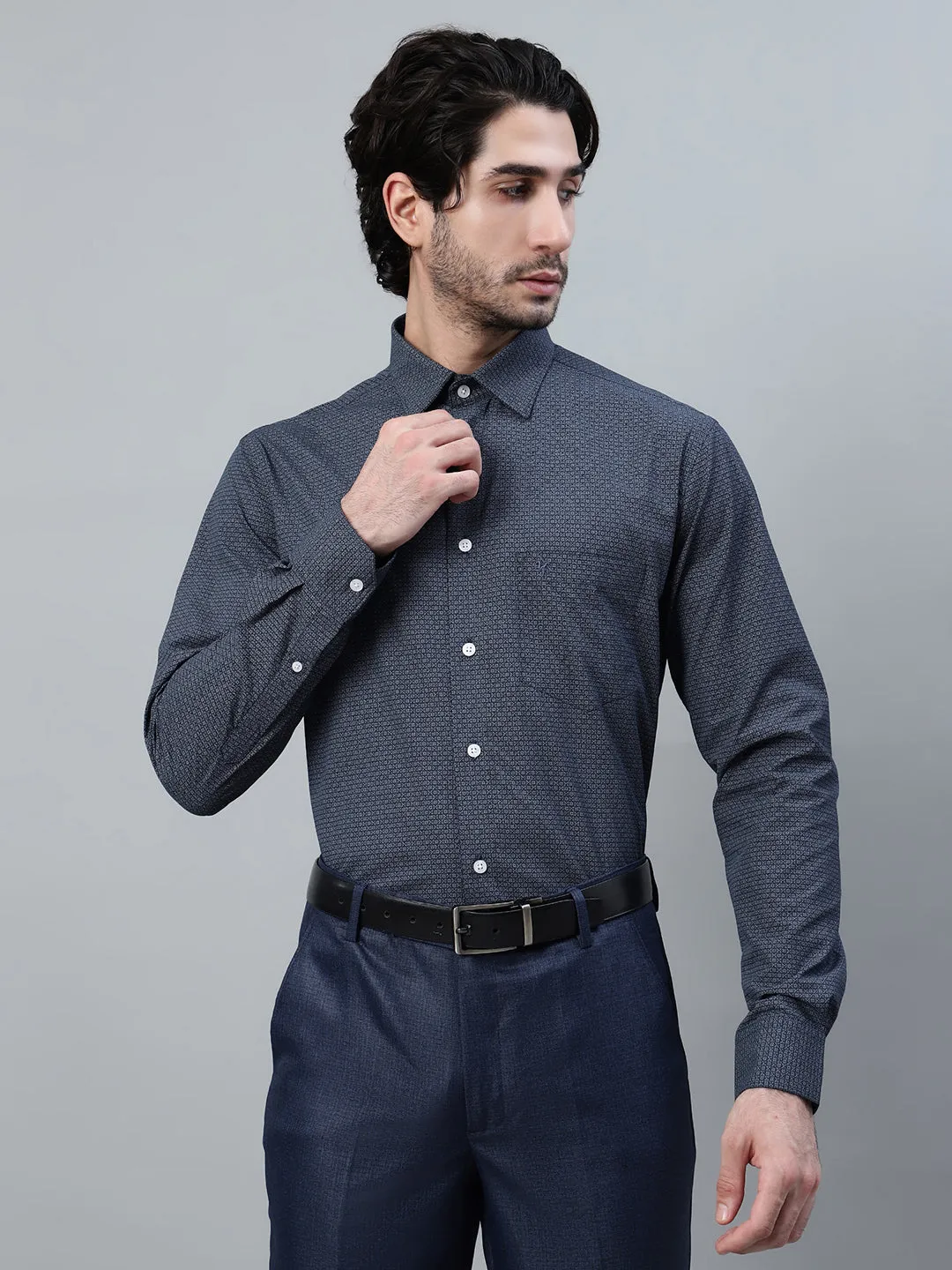 Men's Navy Blue Printed Full Sleeve Formal Shirt