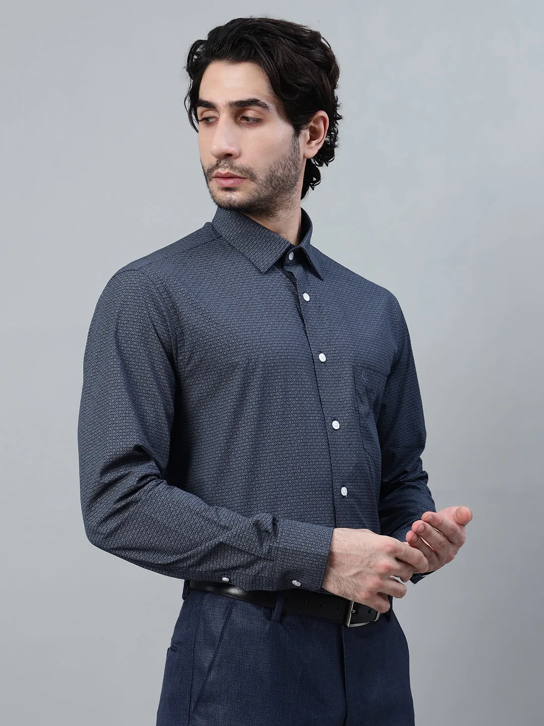 Men's Navy Blue Printed Full Sleeve Formal Shirt