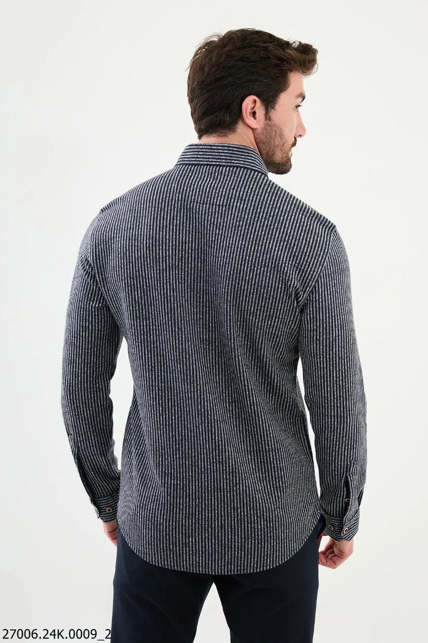 Navy Blue-Gray Striped Men's Casual Shirt.