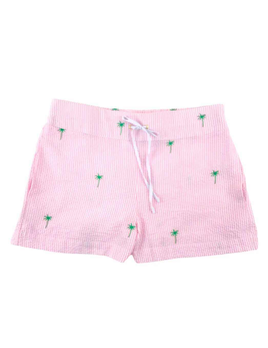 Pink Seersucker Women's Lounge Short with Green Embroidered Palm Trees