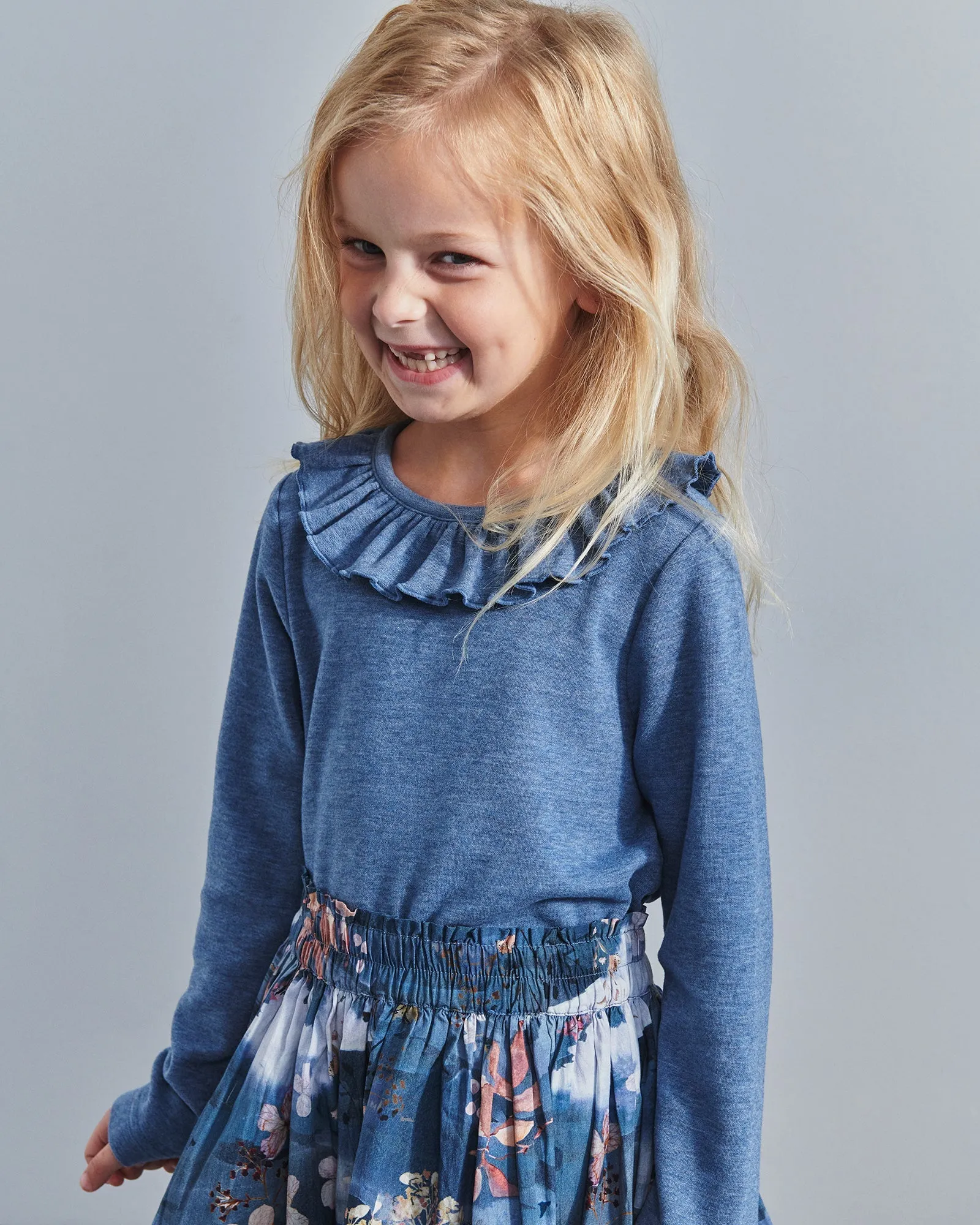 Plush Jersey Pierrot Collar Blouse - Kids - Blue Melange