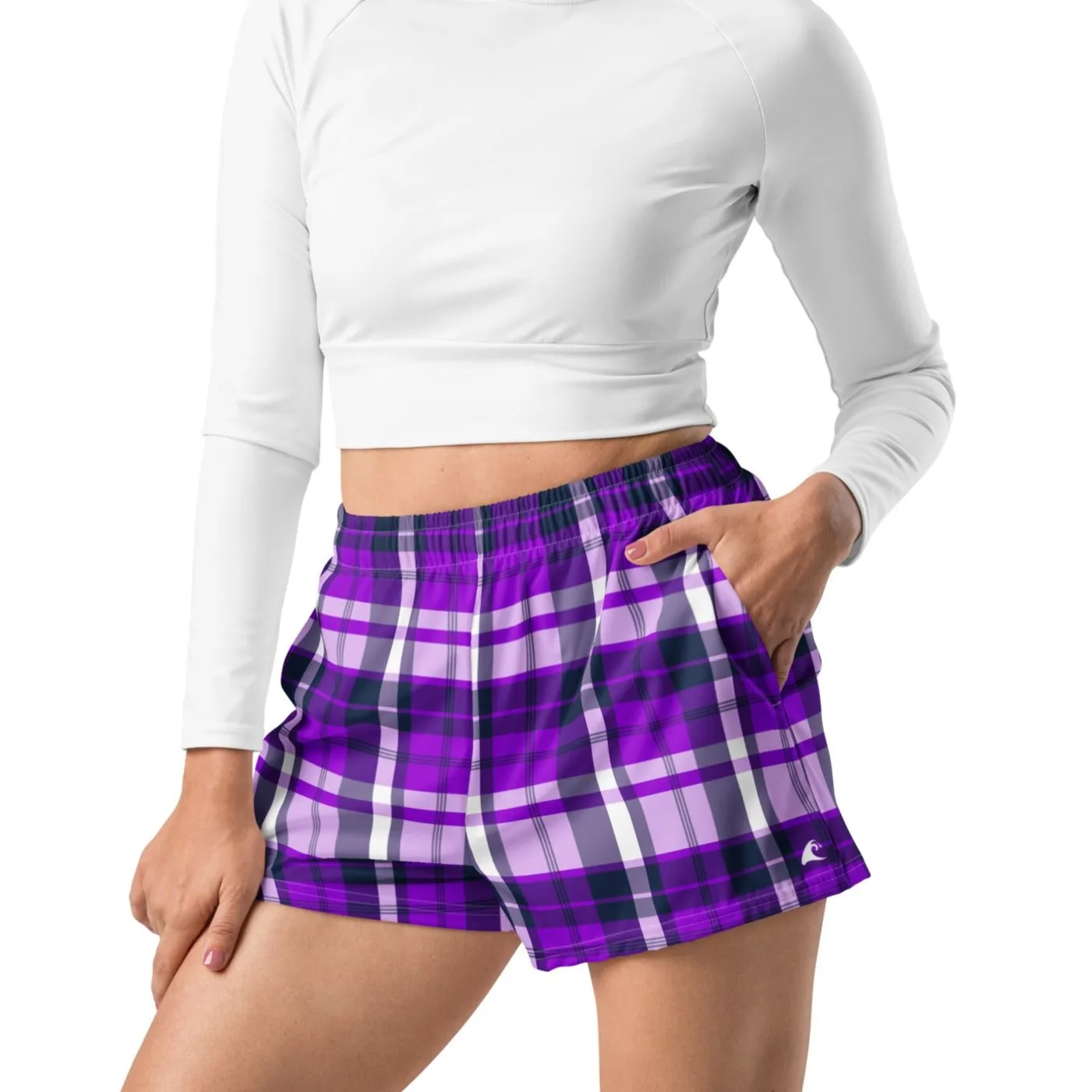 Purple and Navy Blue Preppy Plaid Women's Athletic Swim Shorts