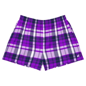 Purple and Navy Blue Preppy Plaid Women's Athletic Swim Shorts