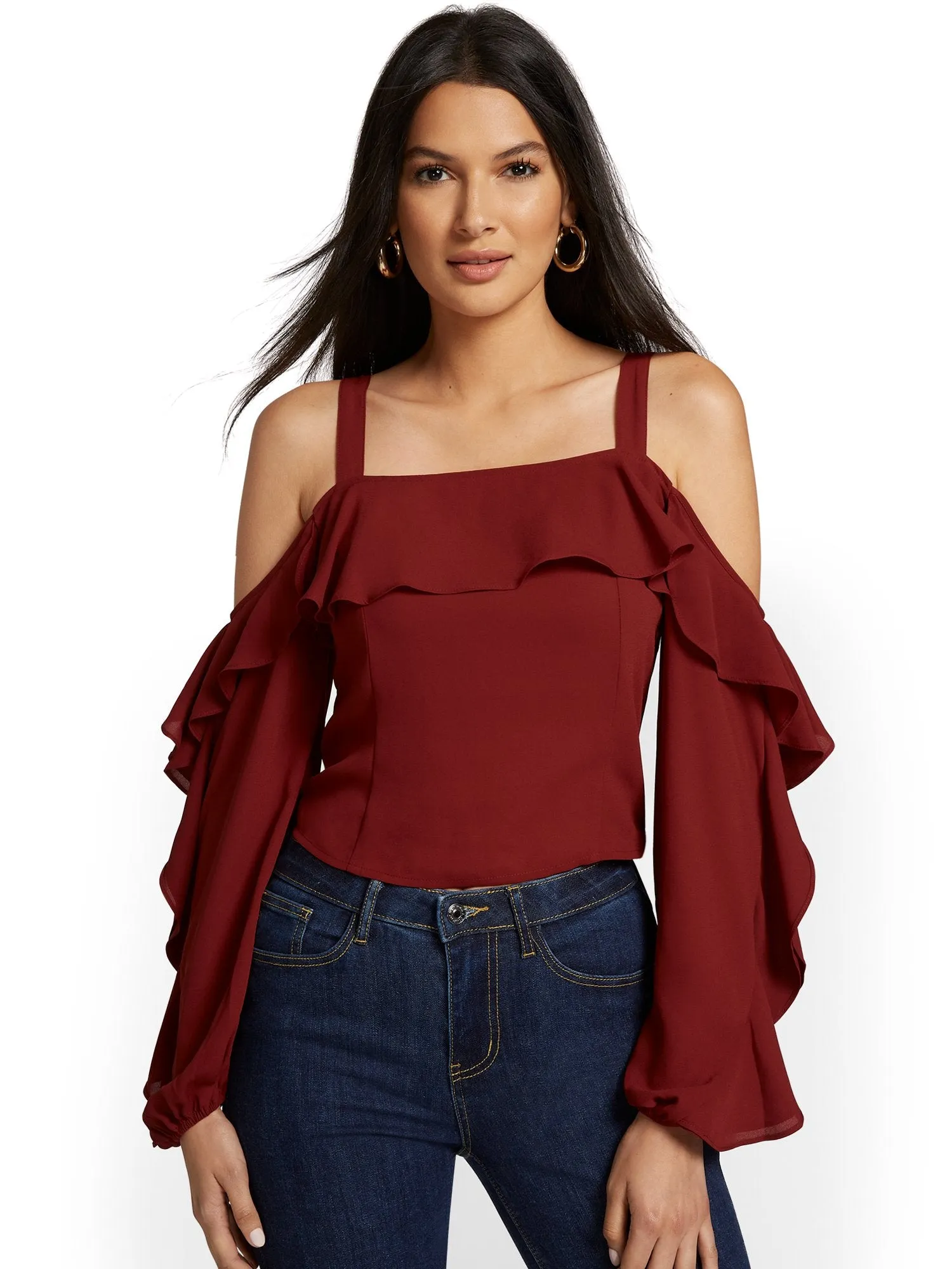 Ruffle-Sleeve Cold-Shoulder Top