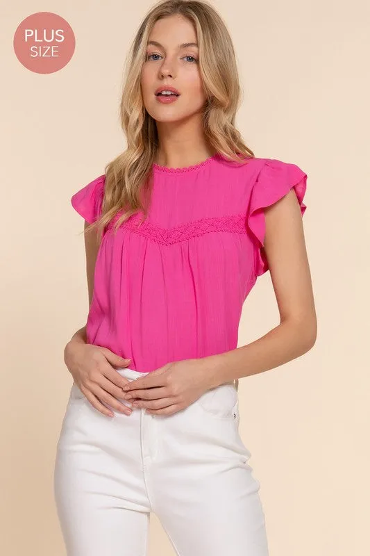 Short Ruffle Sleeve Round Neck with Lace Trim Woven Top