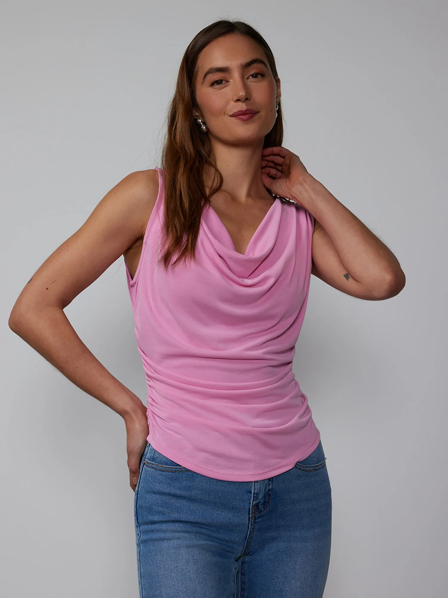 Sleeveless Cupro Ruched Cowl Tank