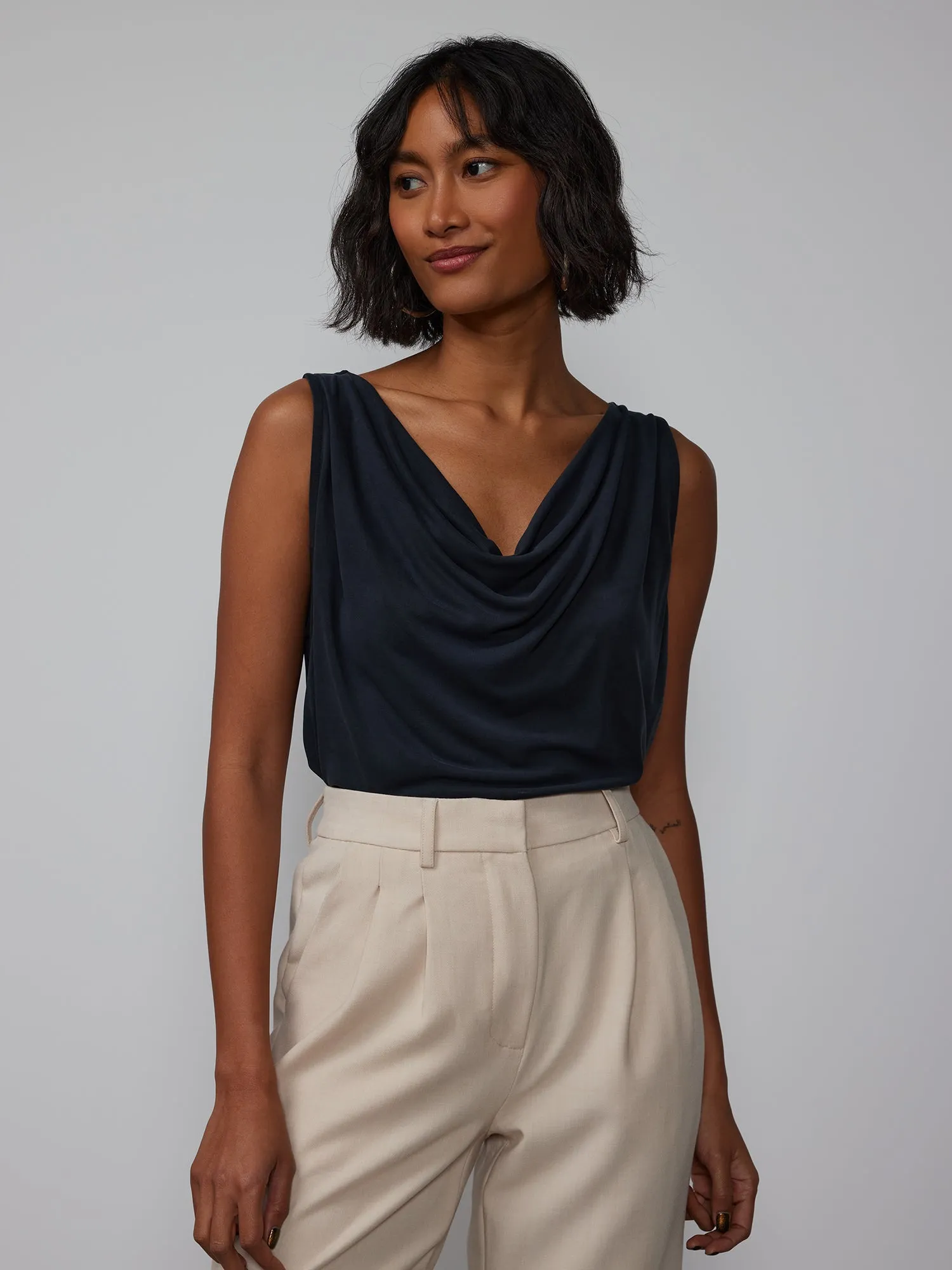 Sleeveless Cupro Ruched Cowl Tank