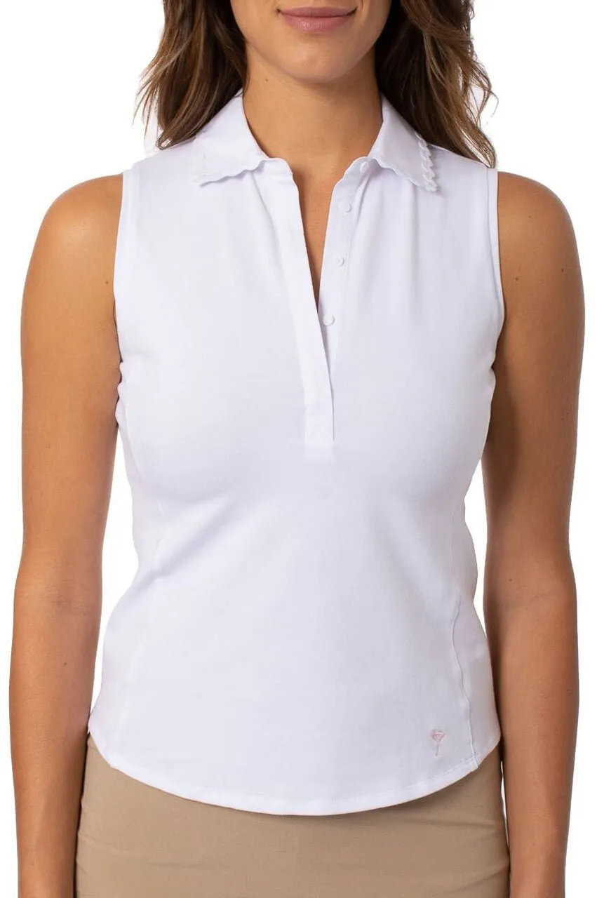 Sleeveless Stretch Pique Cotton Polo with White Ric Rac Trim