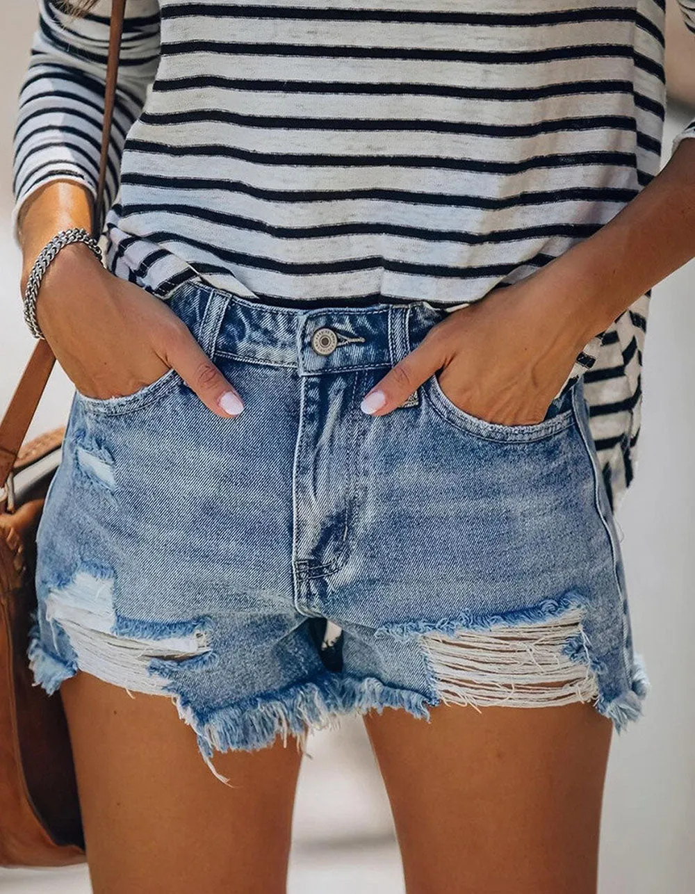 Solid-color fringe Ripped Button Pocket High-stretch Denim Shorts