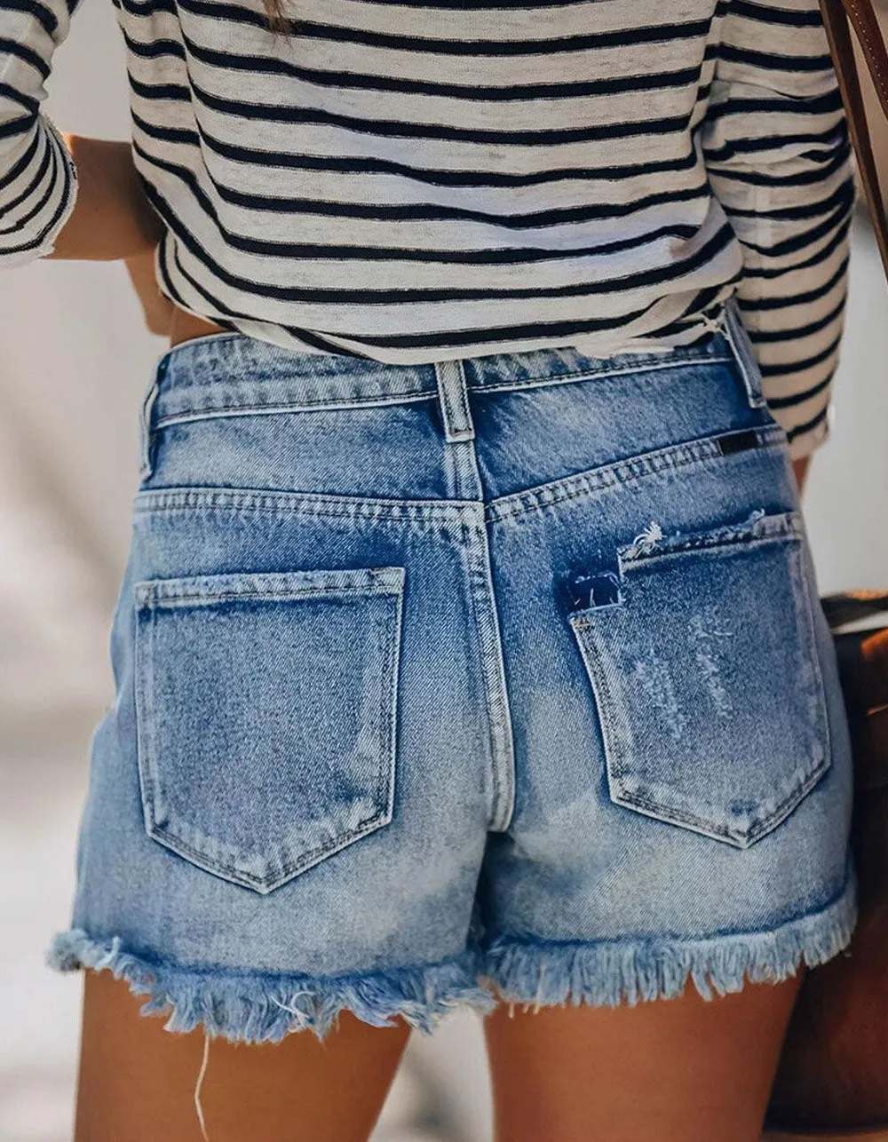 Solid-color fringe Ripped Button Pocket High-stretch Denim Shorts