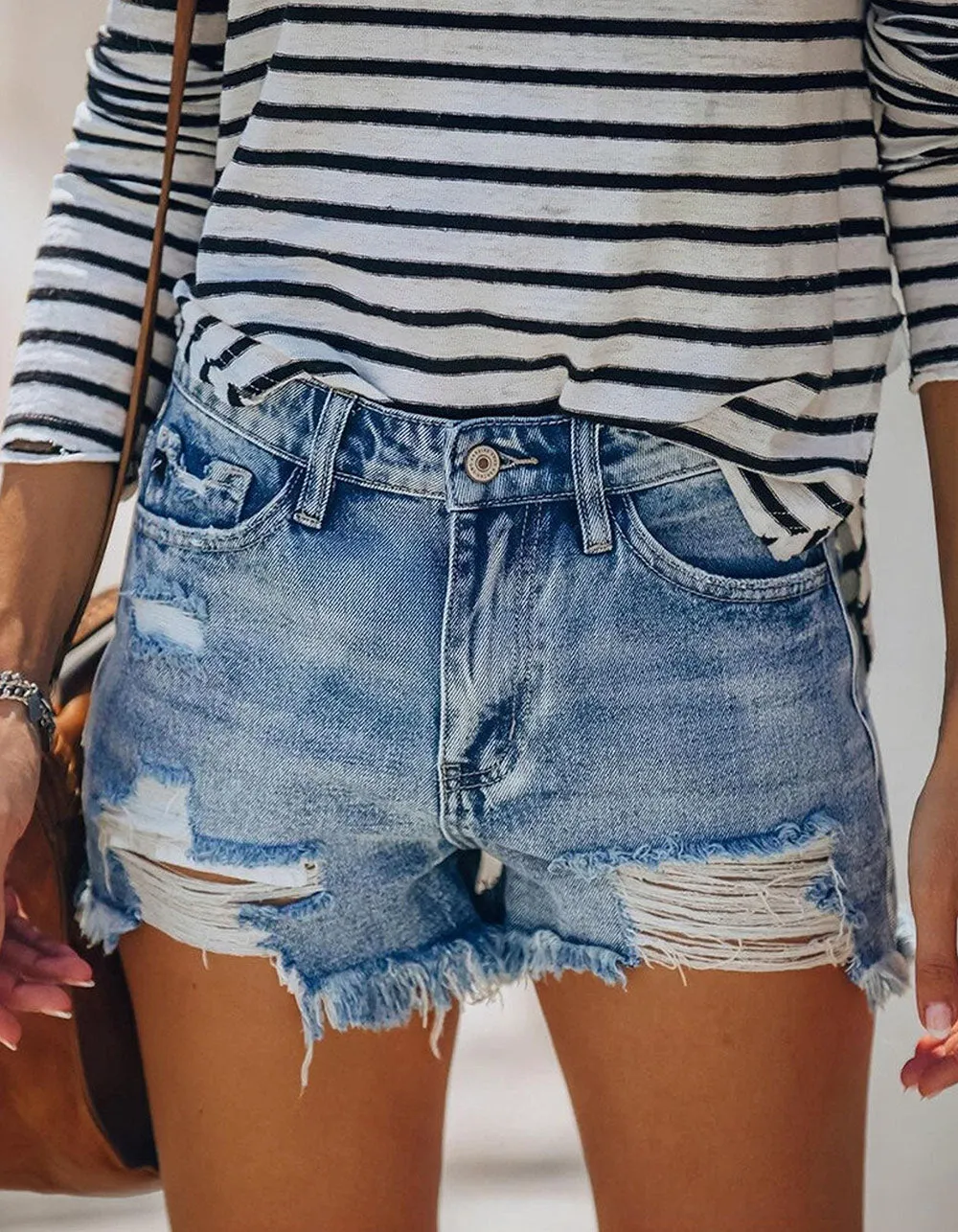 Solid-color fringe Ripped Button Pocket High-stretch Denim Shorts