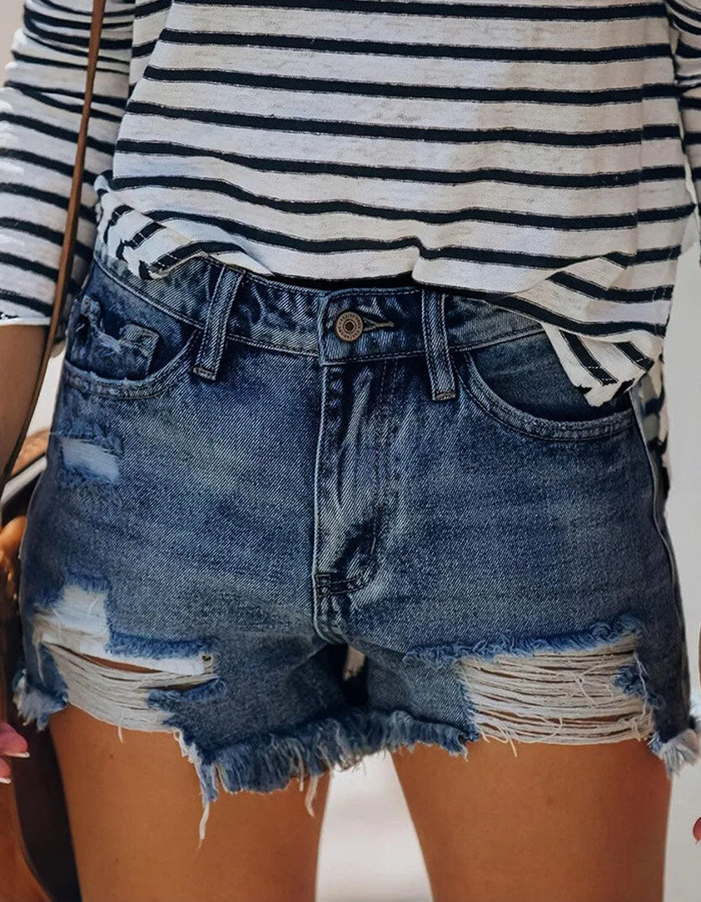 Solid-color fringe Ripped Button Pocket High-stretch Denim Shorts