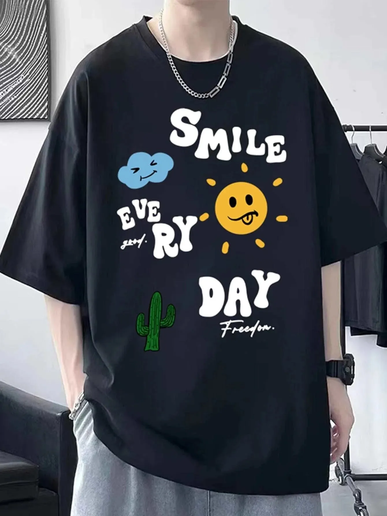 SXV  'Smile Every Day’ Printed Cool Aesthetic Oversized T-shirt