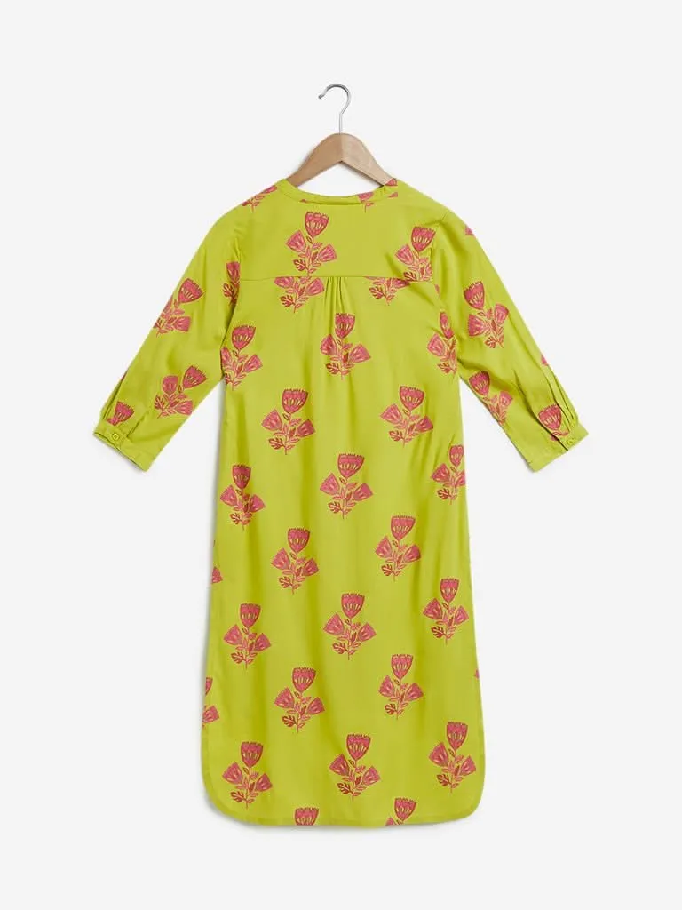 Utsa Kids Lime High-Low Floral Kurta