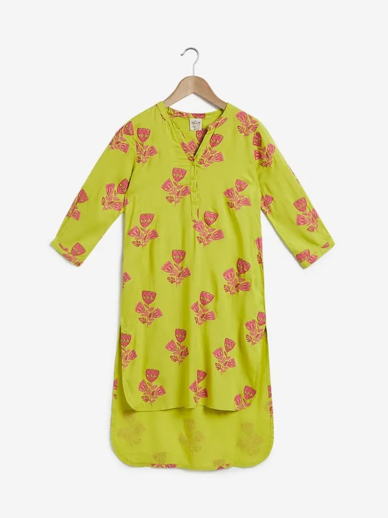 Utsa Kids Lime High-Low Floral Kurta