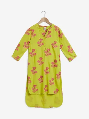 Utsa Kids Lime High-Low Floral Kurta