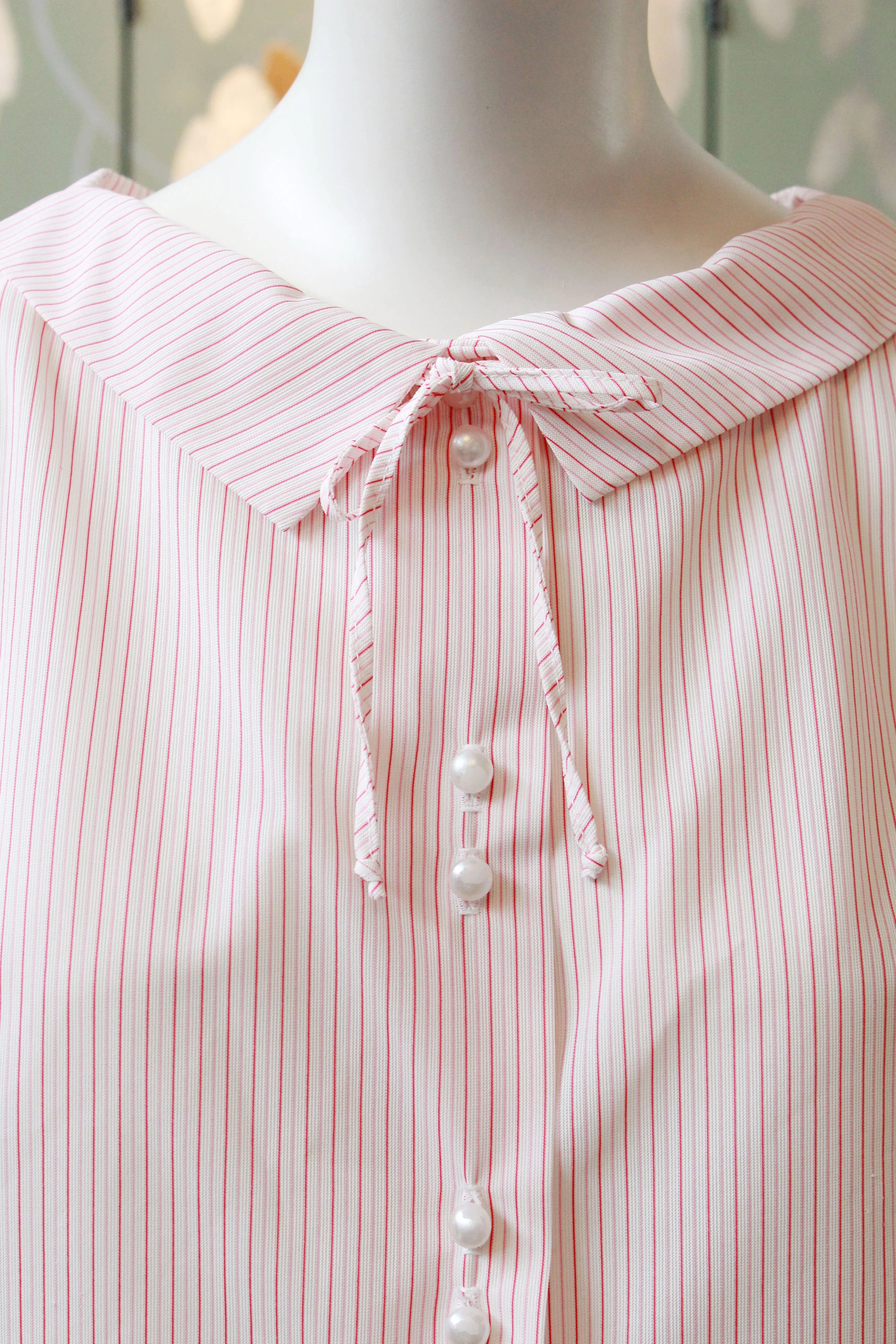 Vintage 1960s Pink Striped Blouse With Peter Pan Collar And Bow, Small