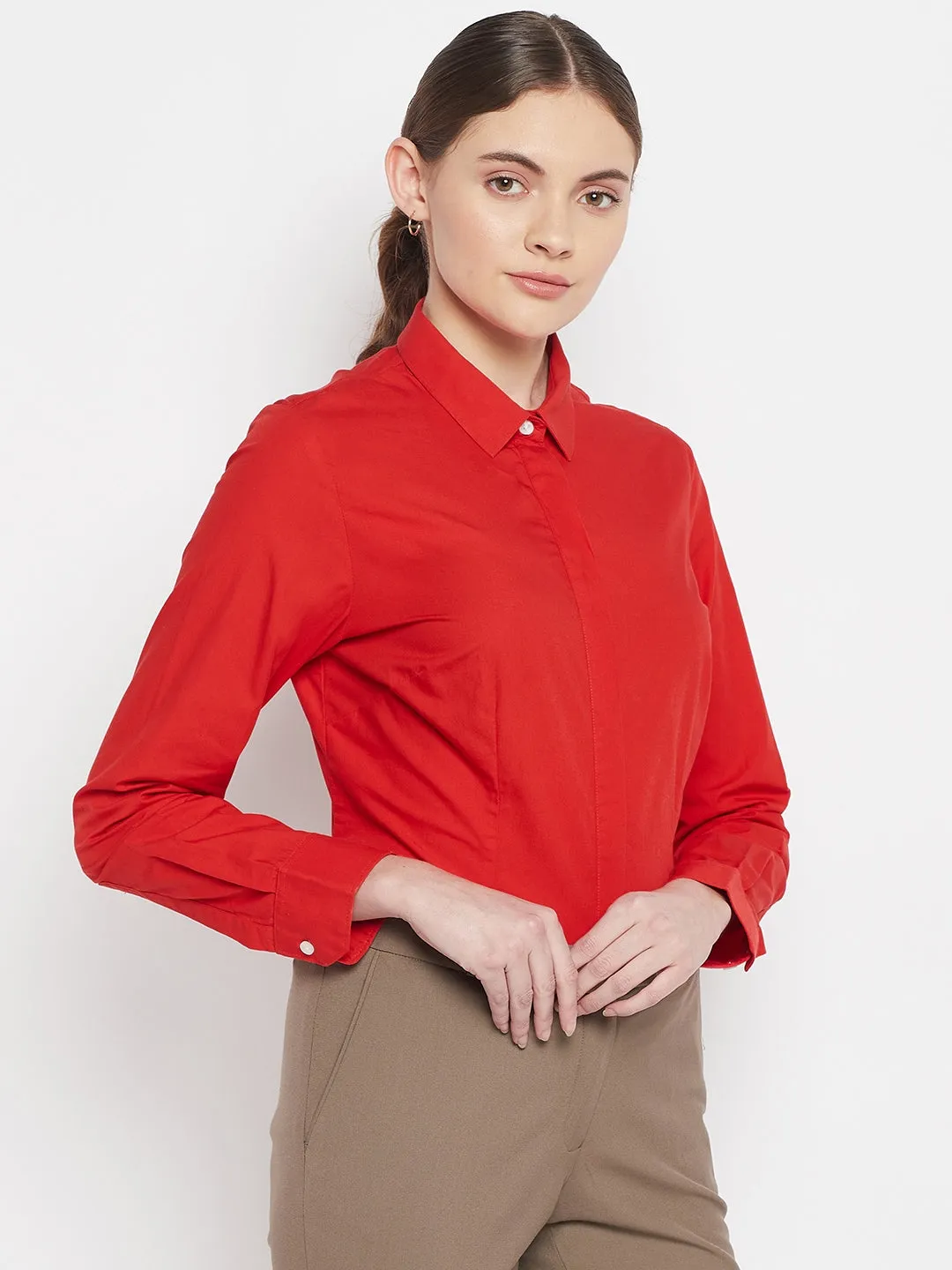 Women's Formal  Red Regular Full Sleeve  Shirt